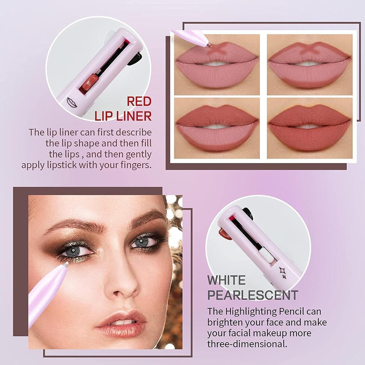 4 in 1 Make Up Pe, Multifunctional Eyebrows Eyeliner Lip Liner Highlighter Makeup Pen, Touch Up 4-in-1 Makeup Pen, Waterproof All In One Makeup Pen Eye Long Lasting